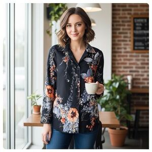 🖤🪩🖤 70s VINTAGE dagger collar Black Floral DISCO groovy Shirt 🖤 🪩 🖤